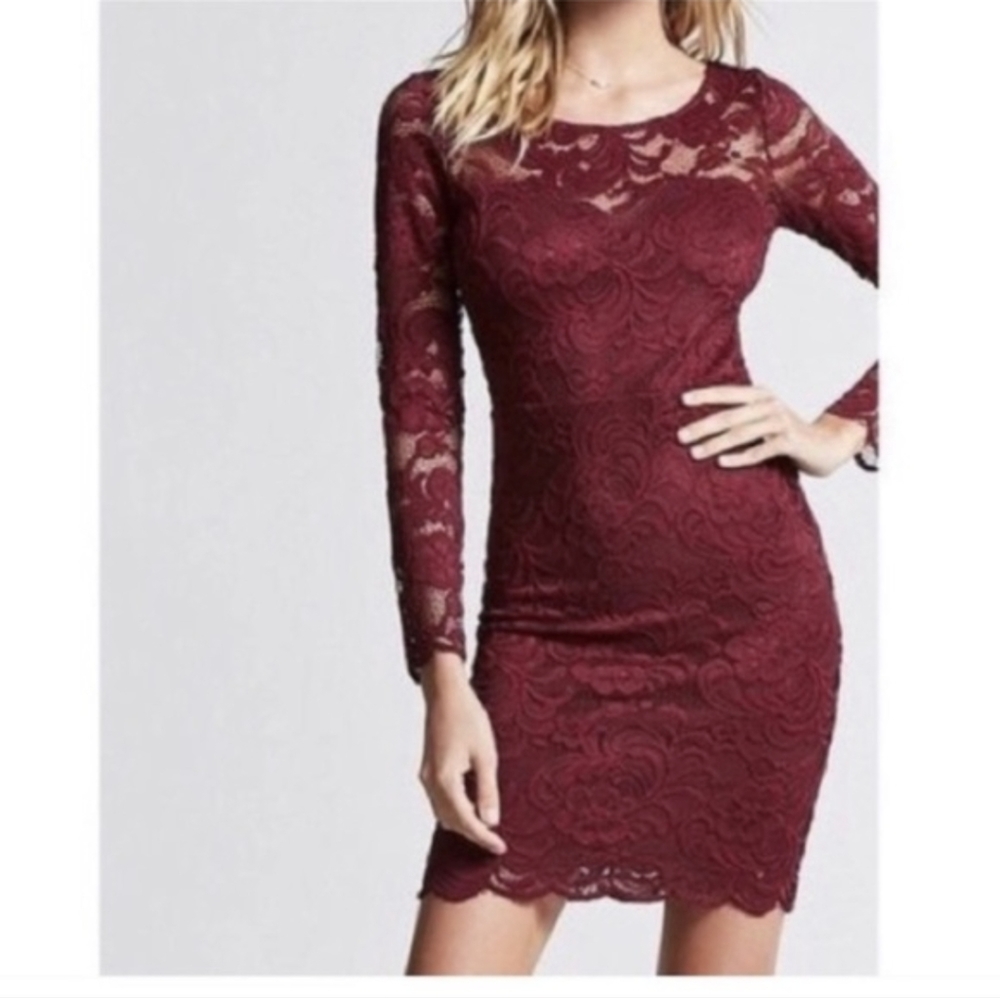Ambiance red lace stretchy knee length dress sz large *A1 - Picture 2 of 9